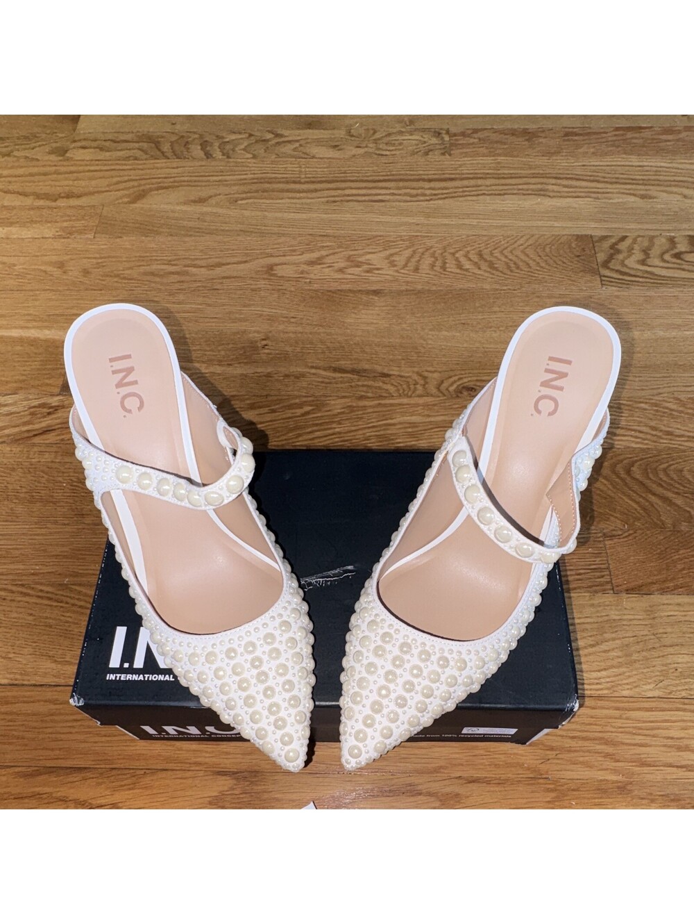I.N.C. White Pearl Beaded Pointed Toe Mule Slip-On Heels Women's US 10